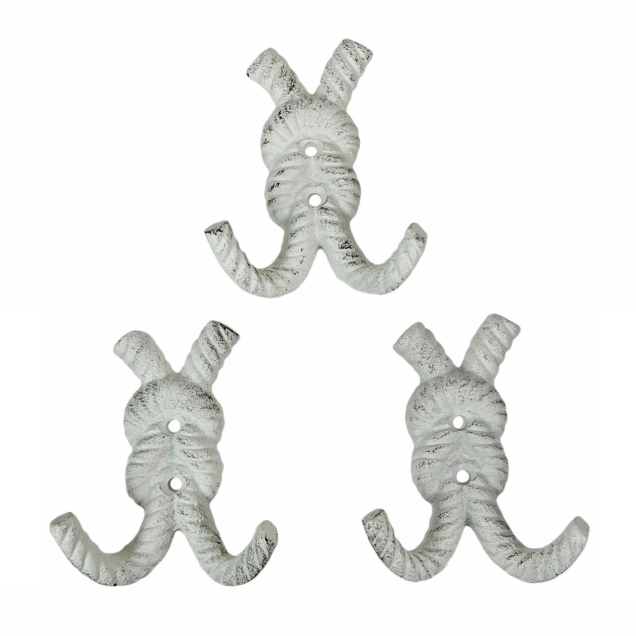 Set of 3 Cast Iron Rope Knot Wall Hooks 4in Antique White Coastal Decor